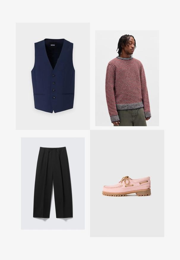 Marineblå skreddersydd vest med V-hals, fem svarte knapper og sidelommer. Laget av teksturert stoff, designet for en tettsittende silhuett.; Rød og grå stripete genser med rund hals, ribbede mansjetter og en litt cropped passform. Myk tekstur med et avslappet design.; Sorte vide bukser laget av lett stoff, med elastisk midje og snor samt ingen synlige lommer.; Rosa lærbåt sko med brune snører, metalllærret og tykk brun gummisåle, vist i profil på en hvit bakgrunn.