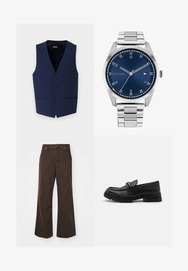 Colete azul-marinho ajustado com decote em V, cinco botões pretos e bolsos laterais. Produzido em tecido texturizado, projetado para um silhueta ajustada.; Duas camisetas justas na cor preta e branca. Feitas de algodão canelado, apresentam alças largas e decotes arredondados. Logotipo na gola.; Calças largas castanhas feitas de algodão, com uma cintura alta, bolsos frontais e uma textura suave. O acabamento inclui detalhes de costura subtil.; Mocassim de couro preto com bico arredondado, uma faixa decorativa e acessórios, e uma sola texturizada chunky. Acabamento liso com detalhes subtis.; Relógio de metal prateado com mostrador azul escovado, marcadores de horas brancos e display de data. Apresenta uma bracelete metálica articulada e o logótipo da marca.