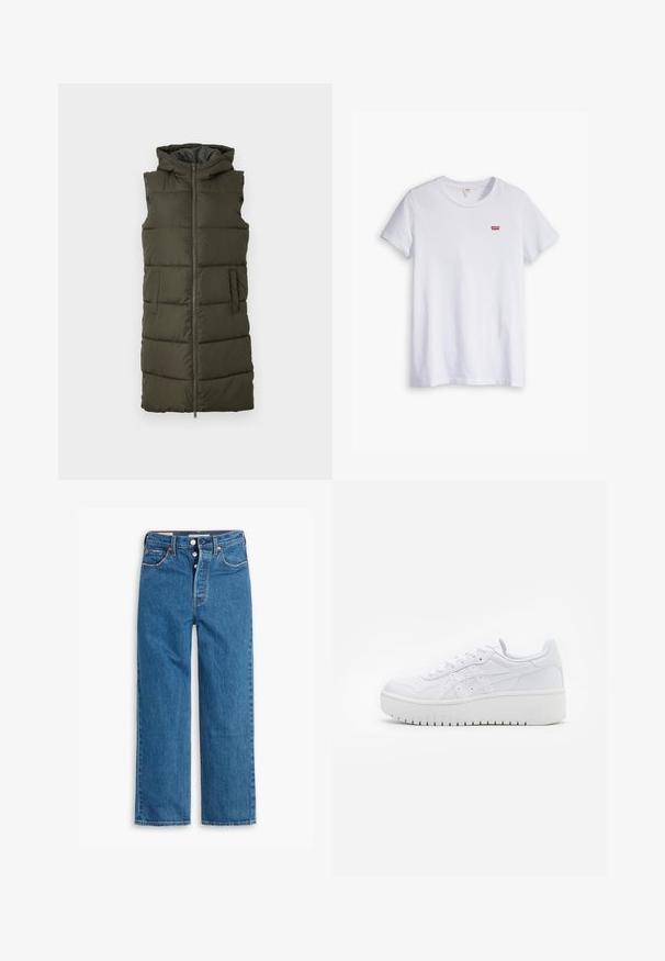 Alyvuogių žaliava be rankovių pūkinė liemenė su pilnu priekyje užtrauktuku, dviem šoninėmis kišenėmis ir gobtuvu, turinti siuvinėjimo sekcijas šilumai išlaikyti.; Balta medvilninė marškinė su trumpomis rankovėmis ir apvaliu kaklu. Savybėje yra mažas raudonas Levi's logotipas kairėje krūtinės pusėje.; Mėlyni džinsai tiesaus šešiakampio modelio su aukšta liemens linija, penkių kišenių dizainu ir sagčių užsegimu. Matoma siuvimo linija ir vario atspalvio varžtai.; Baltos platforminės sportinės bateliai su lygiu odos paviršiumi, perforuotomis detalėmis ir plokščiomis raištelėmis; turi storą baltą gumos padas.