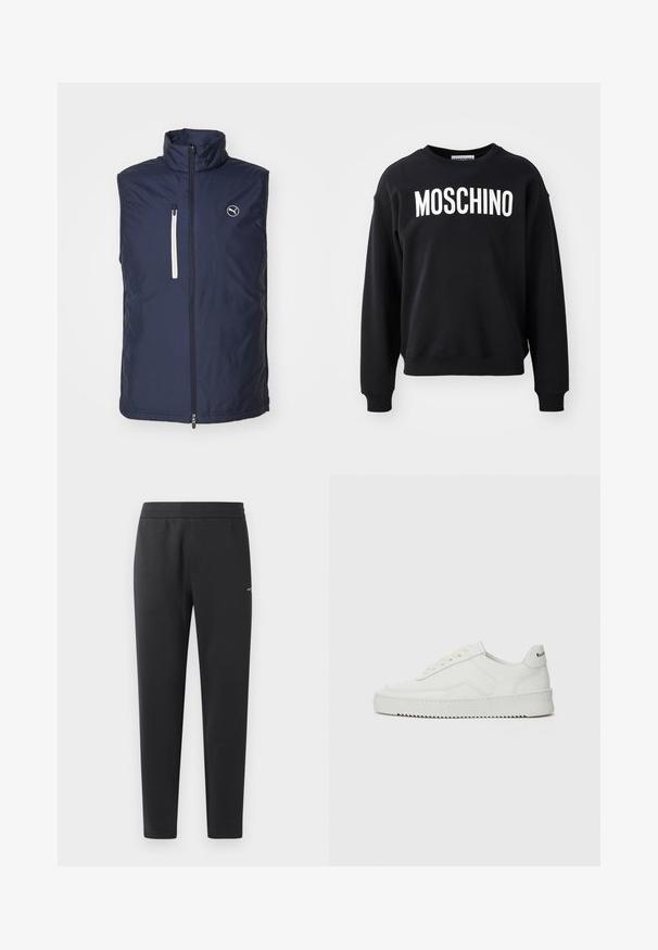 Tumši zilas krāsas pildīta veste ar augstu apkakli, priekšējo rāvējslēdzēju un sānu rāvējslēdzēja kabatu. Iekļauj nelielu logo kreisajā krūšu daļā.; Melnā sudraba auduma džemperis ar mīkstu tekstūru, kas iezīmē apļa formas apkakli un ribaini rupjas piedurknes. Izteiksmīgs balts "MOSCHINO" logotips uz priekšpuses.; Melni sporta bikses, kas izgatavotas no mīkstas auduma, ar elastīgu jostasvietu, taisnām kājām un nelielu logotipa detaļu sānos.; Baltas ādas sneakers ar gludu virsmu, apaļu pirkstu daļu, plakaniem šņorēm un teksturētu zoli. Satur diskrētu logotipu uz papēža.