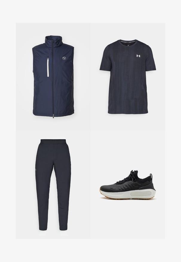 Marineblå polstret vest med høy krage, front med glidelås og lomme med glidelås på siden. Har en liten logo på venstre brystområde.; Mørk marineblå kortermet t-skjorte laget av pustende stoff, med et teksturert mønster og en hvit Under Armour-logo på brystet.; Sorte treningbukser med glatt tekstur, smal passform, elastisk midjebånd og sidelommer. Har en liten logo på venstre lår.; Sorte treningssko med teksturert overdel, sokkelignende krave, grå snørebånd, og en hvit mellomsåle med et mønsterdesign samt gummisåle.