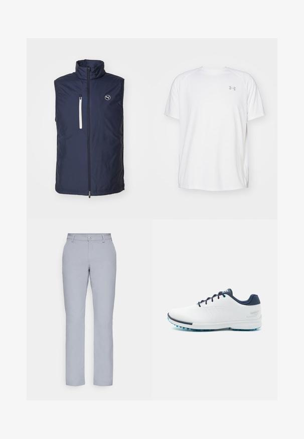 Ναυτικό μπλε επενδυμένο γιλέκο με ψηλό γιακά, κλείσιμο με φερμουάρ μπροστά και πλευρική τσέπη με φερμουάρ. Διαθέτει ένα μικρό λογότυπο στην αριστερή περιοχή του στήθους.; Λευκή αθλητική μπλούζα κοντού μανικιού από απαλό ύφασμα. Διαθέτει στρογγυλή λαιμόκοψη και γκρίζο λογότυπο στο αριστερό στήθος, με πλαϊνές σχισμές στο τελείωμα.; Ανοιχτό γκρι παντελόνι με ίσια γραμμή, κλείσιμο με κουμπί, μπροστινές τσέπες και απαλό, υφασμάτινο υλικό. Μινιμαλιστικός σχεδιασμός, χωρίς σχέδια.; Λευκά αθλητικά παπούτσια με λείο συνθετικό επάνω μέρος, μπλε λεπτομέρειες, υφασμάτινη ναυτική φτέρνα και ελαφρύ, επικαθισμένο πέλμα για πρόσφυση.