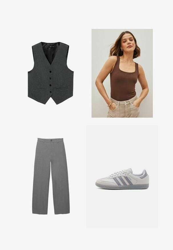 Šedá tkaninová vesta s výstřihem do V, šesti černými knoflíky, dvěma předními kapsami a hladkou podšívkou. Ušité provedení, bez rukávů.; Hnědý bezrukávový body s čtvercovým výstřihem, vyrobený z hladké látky, spárovaný s vysokými béžovými kalhotami. Jednoduchý design.; Šedé kalhoty s širokými nohavicemi vyrobené z texturované tkaniny, s knoflíkovým zapínáním a pasem, s rovnou siluetou.; Bílé kožené tenisky s třemi šedými pruhy, kulatou špičkou, šedými akcenty na patě a texturovanou gumovou podrážkou.