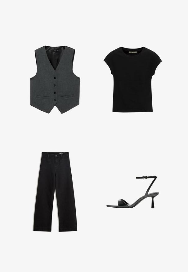 Grå tygväst med v-ringning, sex svarta knappar, två framfickor och en slät innerfoder. Skräddarsydd design, ärmlös.; Svart T-shirt med korta ärmar och rund halsringning. Tillverkad av mjukt, elastiskt bomullstyg. Enkel design utan mönster eller grafik.; Svarta vida denimbyxor med hög midja, med fram- och bakfickor, sydda sömmar och knappstängning. Slät textur.; Bershka Sandaletter - black