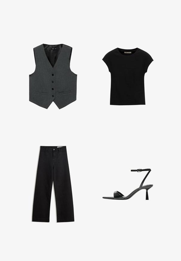 Grå tygväst med v-ringning, sex svarta knappar, två framfickor och en slät innerfoder. Skräddarsydd design, ärmlös.; Svart kortärmad t-shirt i mjukt tyg med rund halsringning och avslappnad passform, med en jämn textur och utan mönster.; Svarta vida denimbyxor med hög midja, med fram- och bakfickor, sydda sömmar och knappstängning. Slät textur.; Bershka Sandaletter - black