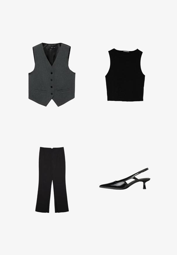 Grå stofvest med v-udskæring, seks sorte knapper, to forlommer og et glat inderfor. Skræddersyet design, uden ærmer.; Sort ærmeløs crop top lavet af glat stof, med rund hals og et rent, enkelt design uden mønstre eller hardware.; Sorte bukser med lige pasform, der har frontlommer og slidser i kanten. Lavet af blødt, glat stof. Velegnet til forskellige anledninger.; Sorte patentlæder slingback hæle med spids tå, udskåret sideskærm og en lille firkantet hæl. Glat tekstur med minimale detaljer.