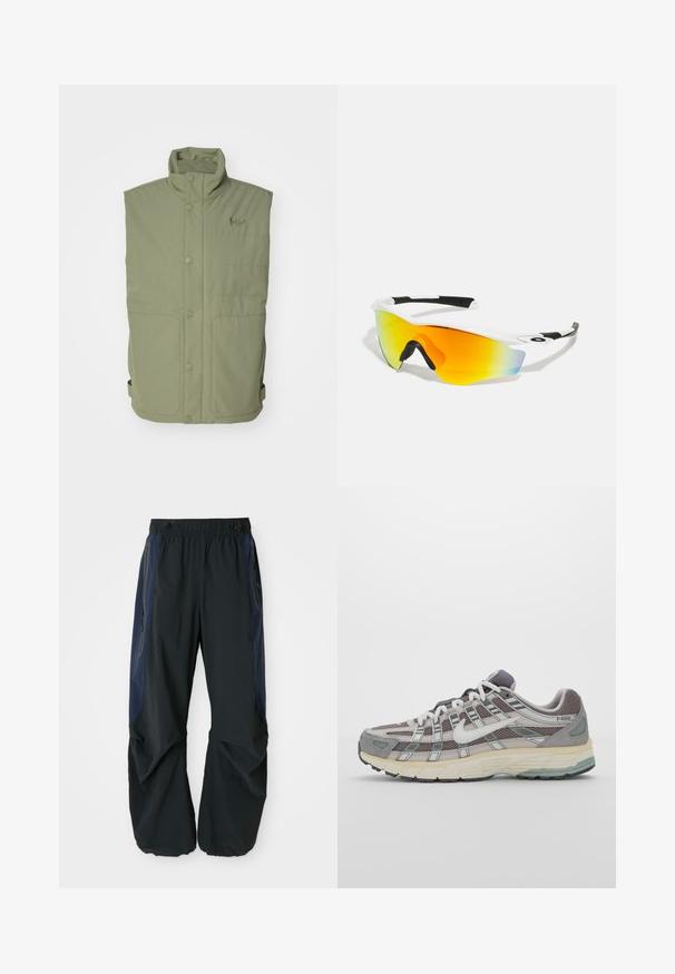 Helly Hansen - Kamizelka; Biała bawełniana koszulka z dużym pomarańczowym logo "NIKE" oraz zielonym napisem "SPORTSWEAR ENGINEERED" i dodatkowymi specyfikacjami.; Czarne spodnie outdoorowe o luźnym kroju, z elastycznym pasem, granatowymi bocznymi panelami oraz kieszeniami na zamek po obu stronach.; Szare buty sportowe z siateczkowym i zamszowym wierzchem, białymi akcentami, amortyzowaną podeszwą oraz charakterystycznym designem z elementami odblaskowymi.; Białe sportowe okulary przeciwsłoneczne o zaokrąglonym kształcie, z czarnymi gumowymi akcentami i lustrzanym soczewką w kolorze pomarańczowo-żółtym, która przechodzi w niebieski.