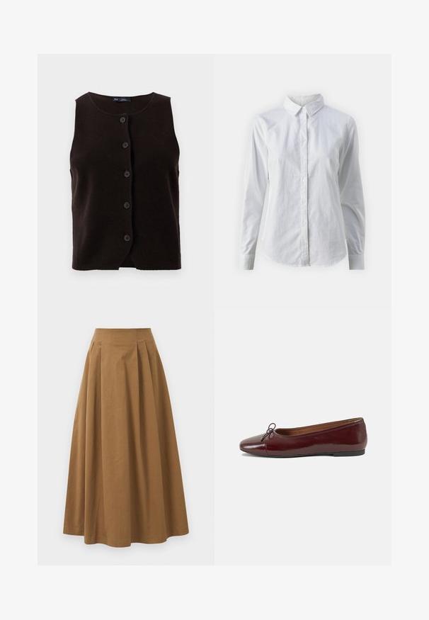 Brun strikket ermeløs vest med rund halslinning og knappelukking foran med seks svarte knapper. Myk tekstur med klassisk design.; Hvit skjorte med knapper laget av glatt bomull, med klassisk krage, lange ermer og buet skjær. Knapper er små og hvite.; Brun bomull A-linje skjørt med høy midje, med folder foran og en jevn tekstur. Kantene er rene og enkle.; Burgunderrød lakk lær ballettleilighet med rund tå, liten sløyfe foran og en lav, svart gummisåle. Glatt tekstur.