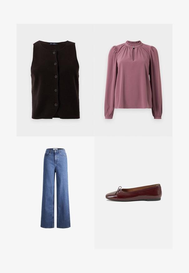 Brun strikket ermeløs vest med rund halslinning og knappelukking foran med seks svarte knapper. Myk tekstur med klassisk design.; Langermet mauve-bluse med rynket krage, nøkkelhull-utsnitt med knappeåpning, og litt puffede skuldre.; Lyseblå denim vide benbukser med høy midje, to frontlommer og synlig søm. Har knapp- og glidelås-lukking.; Burgunderrød lakk lær ballettleilighet med rund tå, liten sløyfe foran og en lav, svart gummisåle. Glatt tekstur.