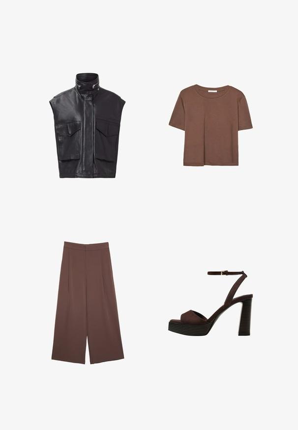 Musta nahkaliivi ilman hihoja, jossa on korkea kaulus, etuvetoketju ja kaksi suurta rintataskua. Silkkinen pinta ja minimalistinen muotoilu.; Kahvinsävyinen lyhythihainen t-paita, joka on valmistettu pehmeästä kankaasta. Pyöreä pääntie ja rento malli. Ei näkyviä kuvioita tai koristeita.; Ruskeat leveälahkeiset housut, joissa on sileä pinta, korkea vyötärö ja etupleat. Kangas on kevyttä ja laskeutuu väljänä.; Ruske kožne sandale s visokom potpeticom, otvorenim prstima, podesivim kopčanjem oko gležnja i prugastim platformskim đonom.