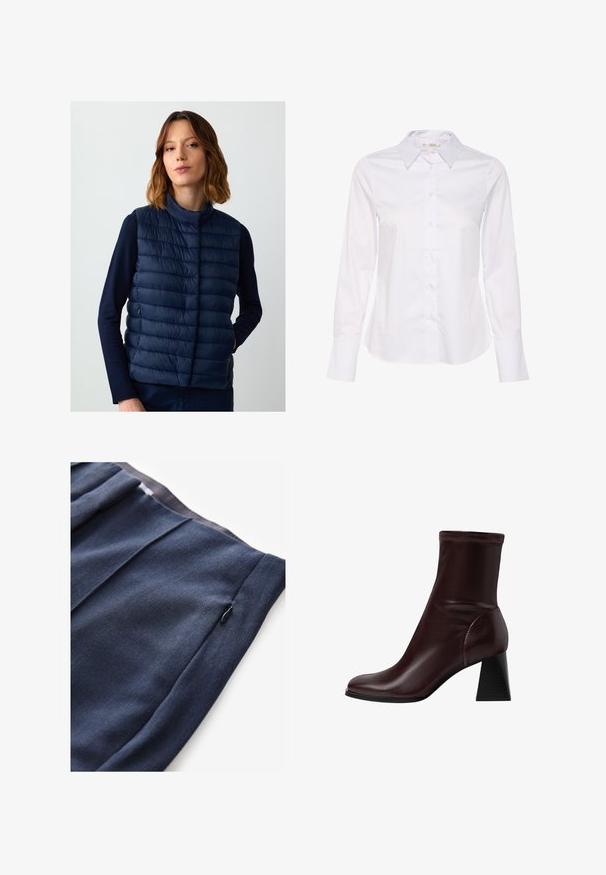 Granatowa kamizelka puchowa z wysokim kołnierzem, z poziomymi przeszyciami i zamykana kieszenią po boku. Gładki, lekki materiał.; Biała koszula z długim rękawem, z klasycznym kołnierzykiem, zapinana na guziki z prostym dołem. Wykonana z gładkiego materiału o jednolitym wzorze.; Granatowe spodnie z teksturowanej tkaniny, z boczną kieszenią na zamek błyskawiczny i plisowaną detalizacją w pasie.; Stradivarius - Botki