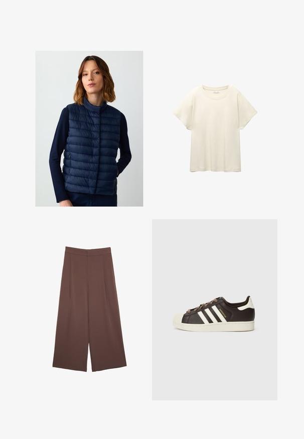 Marineblauer Steppweste mit hohem Kragen, ausgestattet mit horizontalen Steppnähten und einer Reißverschlusstasche an der Seite. Heller, leichter Stoff.; Helles beige T-Shirt mit kurzen Ärmeln und Rundhalsausschnitt, aus weichem, glattem Stoff gefertigt. Verfügt über eine lockere Passform und einen geraden Saum.; Braune Weite-Leg-Hosen mit einer glatten Textur, hoher Taille und Vorderfalten. Der Stoff ist leicht und fällt locker.; Low-Top Adidas Superstar Sneaker aus dunkelbraunem Leder mit cremefarbener Schale an der Spitze, weißen Streifen und dem Schriftzug "Superstar" an der Seite.