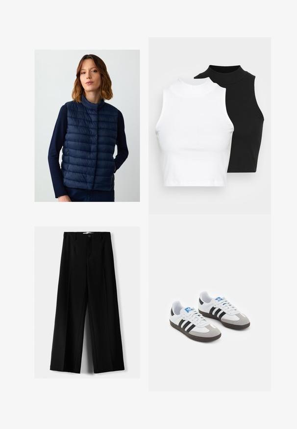 Marineblauer Steppweste mit hohem Kragen, ausgestattet mit horizontalen Steppnähten und einer Reißverschlusstasche an der Seite. Heller, leichter Stoff.; Zwei ärmellose, gerippte Rollkragenoberteile in Schwarz und Weiß, mit einer figurbetonten Passform und glatter Textur sowie einer cropped Länge.; Schwarze weite Hosen aus leichtem Stoff, mit einem Knopfverschluss vorne und flachem Bund, mit sorgfältig genähten Säumen.; Sportschuhe mit einem Obermaterial aus weißem Leder, grauer Wildleder-Zehenkappe und drei schwarzen Streifen. Sie verfügen über ein blaues Logo auf der Zunge und eine strukturierte Gummisohle.