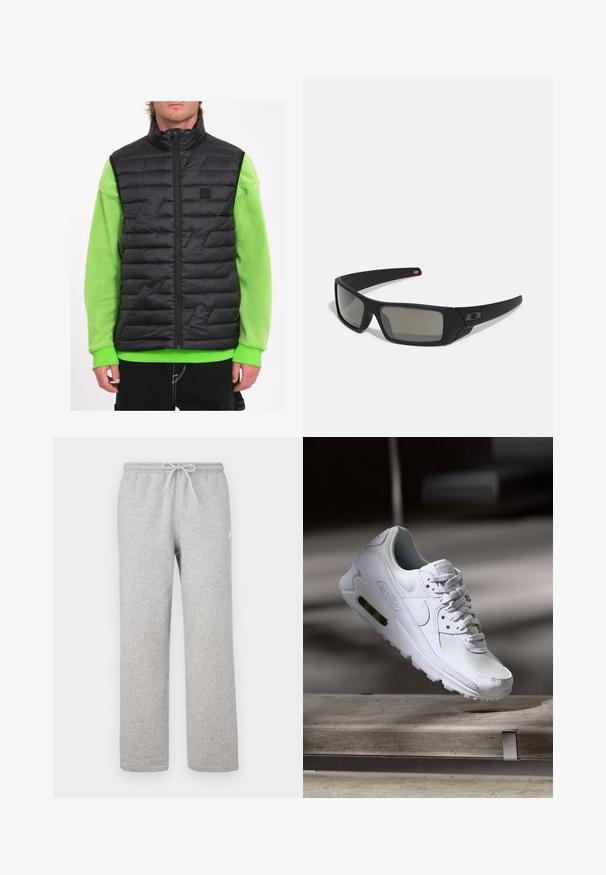 Schwarze gepolsterte Weste mit hohem Kragen, die geometrische Steppdetails aufweist, getragen über einem leuchtend grünen Langarmshirt.; Grauer Sweatshirt aus weichem Fleece-Material, mit gerippten Bündchen und Saum sowie einem kleinen weißen Nike-Logo auf der Brust.; Graue Jogginghosen mit einem elastischen Bund und Kordelzug. Hergestellt aus weichem Stoff, zeichnen sie sich durch gerade Beine und ein dezentes Logodetail aus.; Weiße Nike Air Max 90 Sneaker mit einem Obermaterial aus Mesh und Leder, durchlässigem Zehenbereich und einer sichtbaren Air-Einheit in der Ferse.; Schwarze Sonnenbrille mit matter Oberfläche, rechteckigen Gläsern, leichtem Bogen an den Schläfen, dezentem Logo-Detail und rauchgetönten Gläsern.