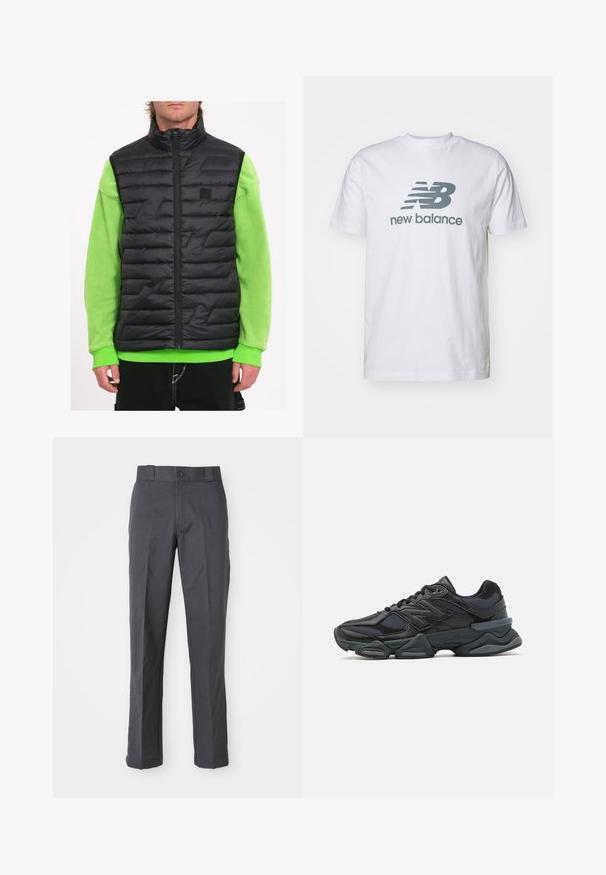 Zwarte gewatteerde vest met een hoge kraag, voorzien van geometrische stikdetails, gedragen over een felgroen shirt met lange mouwen.; Witte katoenen t-shirt met een grijs "NB" logo en "new balance" tekst, korte mouwen, klassieke ronde hals ontwerp, zachte textuur.; Donkergrijze broek van een katoenmix, met een recht model, voorzakken en een knoopsluiting in de taille.; Zwarte hardloopschoen met een mix van mesh en synthetische materialen, een stevige zool, gebogen ontwerp en prominente branding op de zijkant.