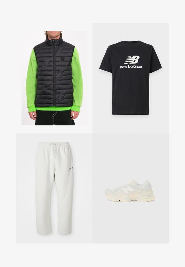 Schwarze gepolsterte Weste mit hohem Kragen, die geometrische Steppdetails aufweist, getragen über einem leuchtend grünen Langarmshirt.; Schwarzes Baumwoll-T-Shirt mit einem weißen New Balance-Logo und Grafikdesign auf der Vorderseite. Kurze Ärmel und Rundhalsausschnitt.; Hellgraue Sweatpants aus weichem Stoff, mit einem elastischen Bund und Zugband sowie einem kleinen Logodetail am linken Oberschenkel.; Leichte Sneaker mit einem Obermaterial aus Mesh und Wildleder in sanften Cremetönen, einer dicken Sohle und dreidimensionalen Akzenten.