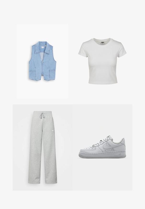 Svetlo modra denim jakna brez rokavov z zadrgo spredaj, širokim ovratnikom in dvema sprednjima žepoma. Ima kratek kroj in čist, minimalističen šiv.; Bela bombažna majica s klasičnim okroglim ovratnikom, kratkimi rokavi in prilegajočim se krojem. Ni vidnih vzorcev ali dodatkov.; Sive hlače iz trenirke z elastičnim pasom, detajlom na vezanje in majhnim belim logotipom Nike na levem stegnu. Mehak material, ohlapen kroj.; Bele usnjene superge z nizkim dizajnom, okroglo konico, perforiranimi podrobnostmi in teksturirano gumijasto podplatom. Ima sive poudarke na ježku.