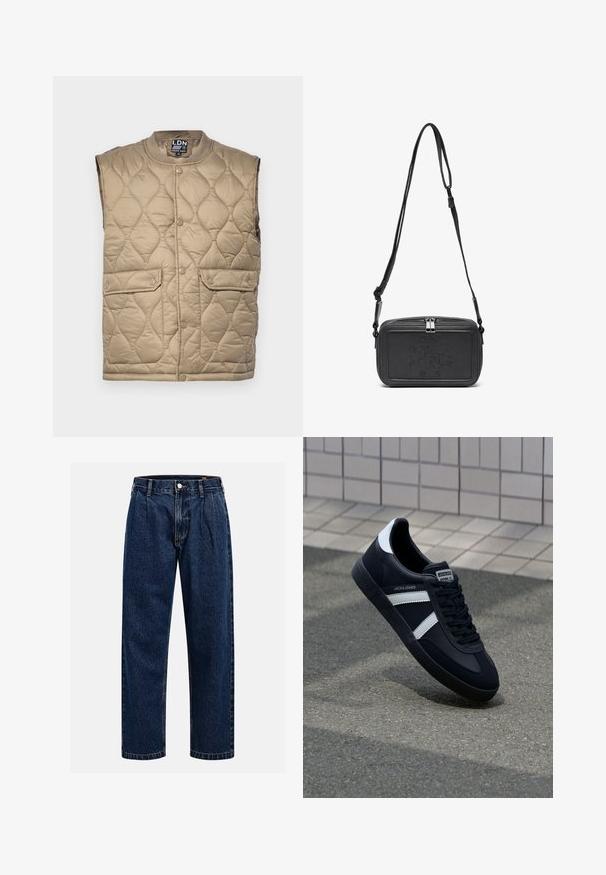 Kvalitatīvs bežs veste ar apaļu kakla izgriezumu, spiedpogu aizdari, divām priekšējām kabatām un teksturētu virsmu ar dimanta formas rakstiem.; Krēmkrāsas kokvilnas T-krekls ar īsām piedurknēm un apaļu kakla izgriezumu. Ar zilas un sarkanas krāsas grafisku druku, kas ietver tekstu un motīvu.; Tumši zilie džinsu bikses ar taisna kāju dizainu. Iezīmējas redzamas šuves, pogu aizdare un priekšējie gurni papildu detaļām.; Melnā ādas sporta apavi ar baltām svītrām, teksturēta gumijas zole un auklu aizdare. Iekļauj zīmola etiķeti uz mēles.; Melna ādas soma uz pleca ar zīmolu, slēdzamu rāvējslēdzēju un regulējamu siksnu. Gluda tekstūra un taisnstūru forma.