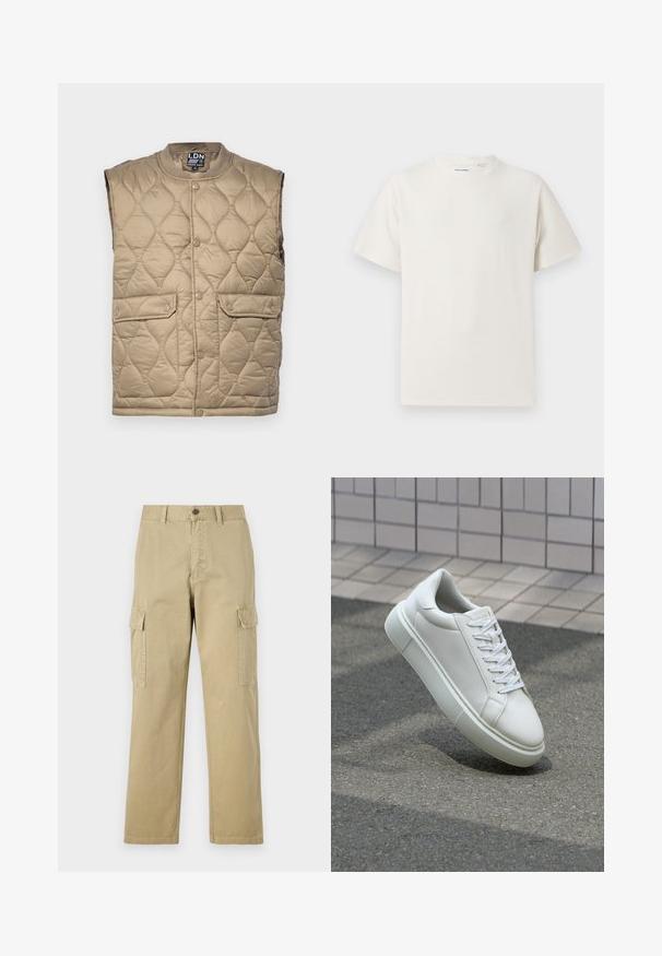 Colete acolchoado bege com gola redonda, fecho de botão de pressão, dois bolsos frontais e uma superfície texturizada com padrões em forma de diamante.; T-shirt branco de manga curta em textura canelada. Gola redonda, ajuste descontraído, sem padrões ou detalhes visíveis. Design simples e versátil.; Calças cargo bege feitas de algodão, com dois bolsos laterais, fecho de botão e pernas retas com um tecido ligeiramente texturizado.; Tênis de couro branco com superfície lisa, bico redondo e cadarços brancos planos. Apresenta uma sola de borracha texturizada e elementos de design minimalistas.