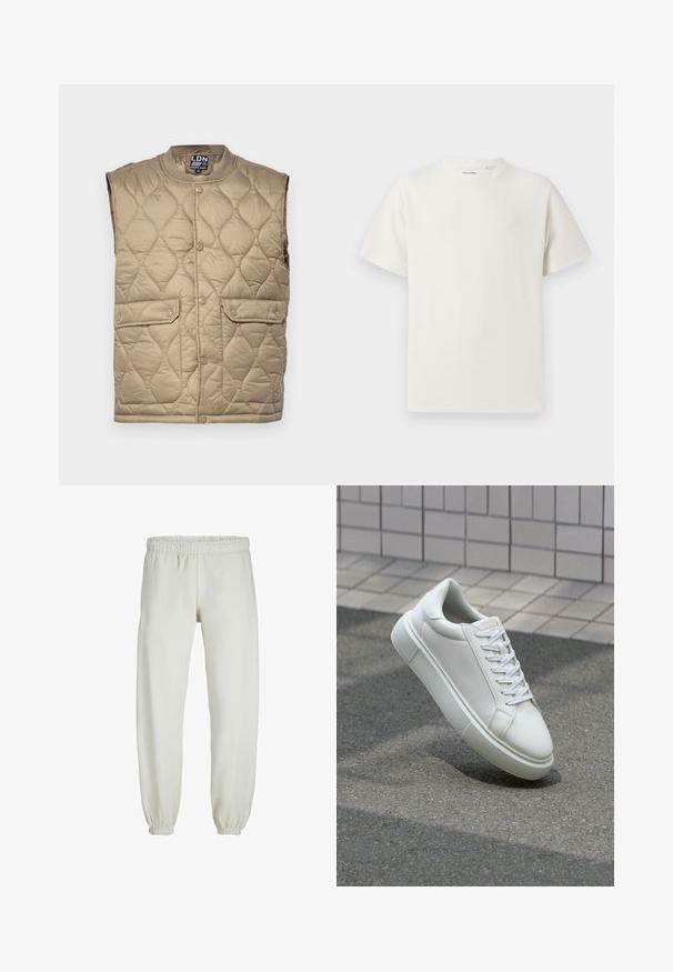 Kvadrični bež prsluk s okruglim izrezom, zatvaranjem na dugmadi, dva prednja džepa i teksturiranom površinom s uzorkom u obliku dijamanta.; Bijela kratka majica s kratkim rukavima u rebrastoj teksturi. Okrugli izrez, ležeran kroj, bez vidljivih uzoraka ili akcenta. Jednostavan i svestran dizajn.; Bijele trenirke napravljene od mekanog materijala, s elastikom u struku i na manžetama, glatke teksture i labavog kroja.; Bijela kožna tenisica s glatkom površinom, okruglim vrhom i ravnim bijelim vezicama. Ima teksturiran gumeni potplat i minimalne dizajnerske elemente.