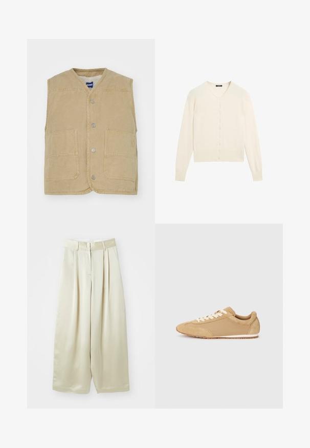 Beige bezrukávová vesta vyrobená z texturované tkaniny, s výstřihem do V, s patentkami, dvěma předními kapsami a s logem na boku.; Světle krémový pletený svetr s výstřihem do V, dlouhými rukávy a zapínáním na knoflíky. Měkká textura a žebrované detaily na manžetách a spodním lemu.; Jednoduché bílé tričko s krátkým rukávem a kulatým výstřihem, slim fit, vystavené rovně na bílém pozadí.; Krémové kalhoty s širokými nohavicemi a sklady, vyrobené z hladké látky. Vyznačují se plochým pasem, zapínáním na knoflík a bočními kapsami pro praktičnost.; Světle hnědé tenisky vyrobené z semiše a textilu, s kulatou špičkou, bílými tkaničkami a gumovou podrážkou s texturovaným povrchem.