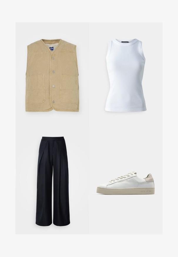 Beige ærmeløs vest lavet af tekstureret stof, med v-hals, trykknapper, to forlommer og et logo-patch på siden.; Hvid ærmeløs top lavet af ribbet stof, med en rund halsudskæring og en tætsiddende silhuet. Glat tekstur, ingen synlige mønstre eller detaljer.; Bredde ben bukser i mørkeblå stof med en glat tekstur, der har frontfolder og en elastisk talje for komfort.; Hvide lædersneakers med en glat overflade, beige ruskindsdetaljer, rund tå, flad snørebåndsdesign og en struktureret gummisål.