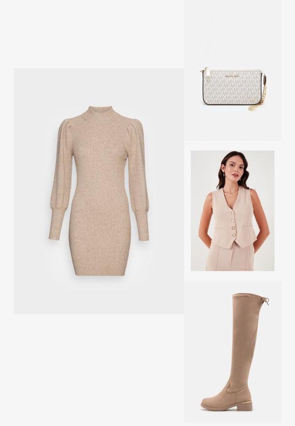 LELA SLIM FIT - Väst - stone; Stickad klänning i beige med ribbat mönster, hög hals och puffärmar. Kroppsnära silhuett med kort nederkant.; Knähöga beiga mockastövlar med rund tå, blockklack och subtila guldaccenter på klacken. Slät textur med en figursydd design.; Michael Kors handledos i beige belagd kanvas med ett upprepande MK-logomönster, gyllene detaljer och ett avtagbart kedjehandtag.