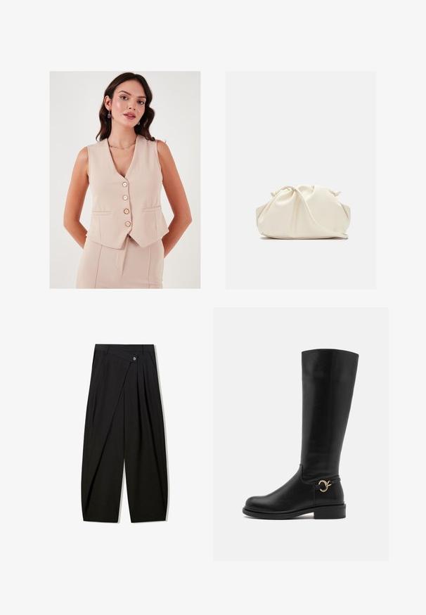 LELA SLIM FIT - Liivi - stone; Valkoinen hihaton toppi, joka on valmistettu ribbikankaasta, ja jossa on pyöreä pääntie ja tiukka siluetti, minimaalisin saumoin ja ilman koristeita.; Mustat leveälahkeiset housut, jotka on valmistettu sileästä kankaasta. Niissä on etupuolella pystyrypyt, nappikiinnitys ja muotolaskostus, joka luo jämäkkää siluettia.; Anna Field Wide Fit Saappaat - black; Kermapunah, tas faux leather lembut dengan desain berkerut, tali yang dapat disesuaikan, dan penutupan tali yang halus. Tekstur mulus dan bentuk bulat.