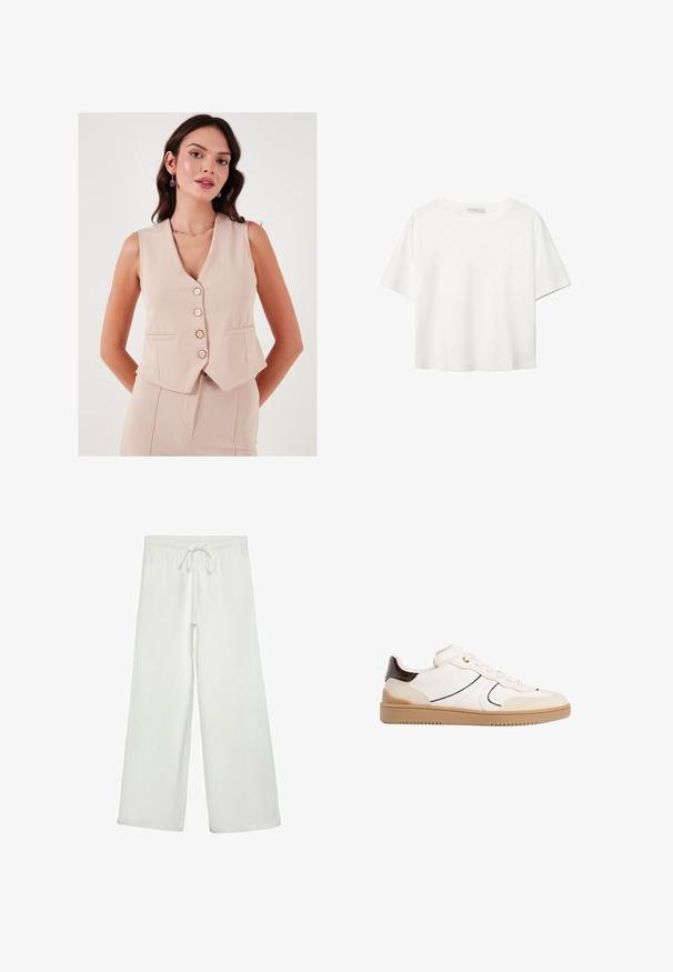 LELA - Kamizelka; Biała koszulka z krótkim rękawem, wykonana z bawełny. Posiada okrągły dekolt i luźny krój. Gładka faktura bez widocznych wzorów czy akcentów.; Białe spodnie o szerokich nogawkach wykonane z miękkiego materiału. Posiadają elastyczny pas ze sznurkiem i gładką teksturę. Brak widocznych wzorów lub elementów metalowych.; Stradivarius - Sneakersy niskie