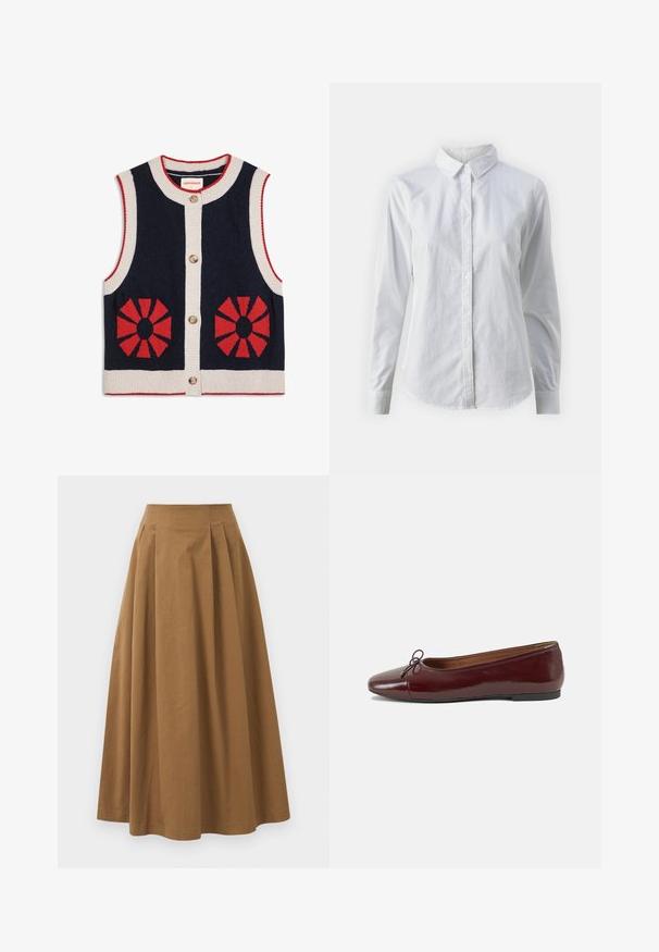 Mornarsko plavi pleteni bezrukavnik s bijelim obrubom, crvenim kružnim uzorcima na prednjoj strani i tri smeđa gumba u sredini.; Bjela košulja na dugih rukava od glatkog pamuka, s klasičnom kragnom i zakrivljenim rubom. Dugmad su mala i bijela.; Smeđa pamučna suknja A kroja s visokim strukom, koja ima nabore sprijeda i glatku teksturu. Završetci donjeg ruba su čisti i jednostavni.; Burgundska lakirana balerinka s zaobljenim vrhom, malim mašnom sprijeda i niskom, crnom gumenom potplatu. Glatka tekstura.