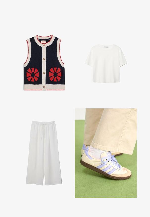 Granatowy dzianinowy bezrękawnik z białymi wykończeniami, czerwonymi okrągłymi wzorami z przodu i trzema brązowymi guzikami pośrodku.; Biała koszulka z krótkim rękawem, wykonana z bawełny. Posiada okrągły dekolt i luźny krój. Gładka faktura bez widocznych wzorów czy akcentów.; Białe szerokie spodnie wykonane z lekkiego materiału, z elastyczną talią i sznurkiem do regulacji fasonu. Gładka tekstura.; Kremowe i lawendowe trampki z trzema paskami oraz teksturowaną brązową podeszwą, wyposażone w sznurówki i wyścieloną piętę. Górna część z miękkiego materiału.