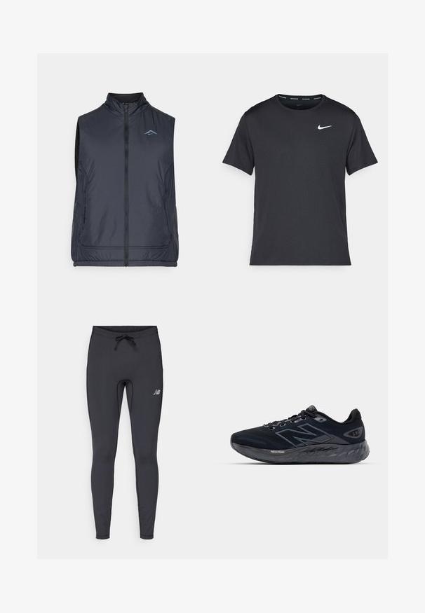 Käeta lühike tume meresinine vest, mis on valmistatud kergest ja siledast kangast. Selles on kõrge krae, ees luku sulgemine ja diskreetne logo rinnal.; Mustamust Nike'i jooksupaita, mis on valmistatud kergest ja hingavast materjalist, lühikeste varrukatega ja mille rinnal on väike valge logo.; Mustad mustredsportlikud legginsid, mis on valmistatud venivast kangast. Rihmaga vöökoht ja väike reflekteeriv logo paremal reie ees.; Meeste jooksujalatsid mustast võrgusilmast paksu halli tallaga, ümarate tekstuuride ja peegeldavate detailidega. Küljel on "New Balance" logo.
