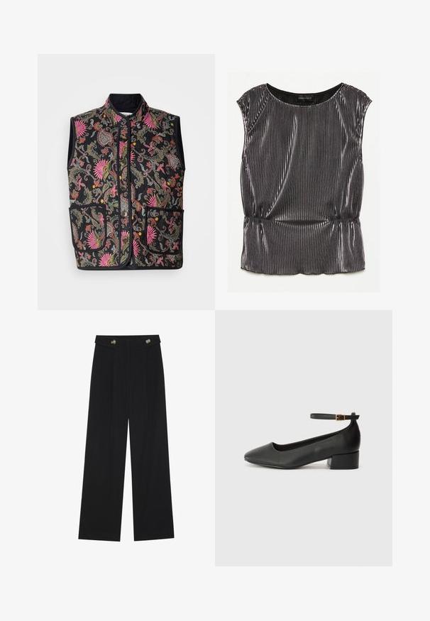 Melns quiltēts vests ar krāsainu ziedu rakstu, rozā un daudzkrāsainām akcentiem, divām priekšējām kabatām un pogu aizdari.; Metāliski melna bezmaksas tops ar pleatētu dizainu, noapaļotu kakla izgriezumu un savāktu apakšmalu. Zīmola uzlīme "ANNA FIELD" redzama iekšpusē.; Melnas platās bikses ar augstu jostasvietu, pogu detaļām uz jostas un priekšējām krokām.; Melnas ādas sūkņi ar smailu purngalu un zemu bloku papēdi. Iezīmēts ar potītes siksniņu ar zelta krāsas sprādzi. Gluda tekstūra.