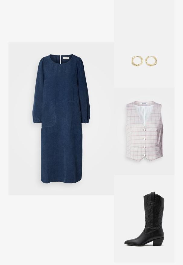 Svetlošedý veste s ružovým mriežkovým vzorom, výstrih do V, šesť strieborných gombíkov na zapínanie a dve predné vrecká. Vyrobený z textúrovanej látky.; Námornícky modrá kordurová šaty s dlhými nadýchanými rukávmi, okrúhlym výstrihom, dvoma prednými vreckami a otváraním na zips na chrbte. Mäkkučká, textúrovaná látka.; Čierna kožená kovbojská čižma s špicatou špičkou, embosovanými vírivými vzormi a stredne vysokým opätkom. Obsahuje pútko pre jednoduché obúvanie.; Čierna kožená hobo taška s jedným mäkkým, zaobleným uchom; má hladkú textúru a minimalistický dizajn. Žiadne viditeľné kovanie ani akcenty.; Zlaté kruhové náušnice s textúrovaným, nepravidelným tvarom. Majú bezšvové uzatváranie a lesklý povrch, čo podčiarkuje moderný dizajn.