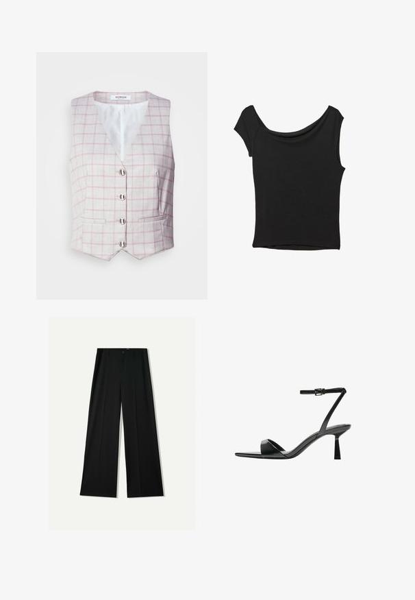 Harmaata vaate, jossa on vaaleanpunainen ruutukuvio, V-pääntie, kuusi hopeista nappia ja kaksi etutaskua. Valmistettu teksturoidusta kankaasta.; Musta lyhythihainen paita, joka on valmistettu sileästä kankaasta; siinä on laskeutuva kaula-aukko ja epäsymmetrinen helma, sekä istuva malli.; Bershka WIDE - Housut - black; Bershka Korolliset sandaalit - black