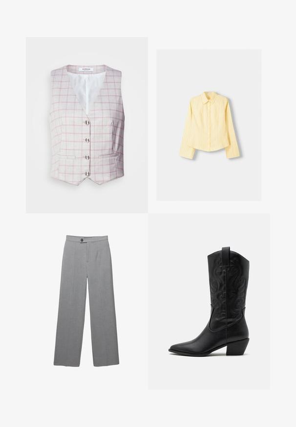 Světle šedá vesta s růžovým kostkovaným vzorem, výstřih do V, šest stříbrných knoflíkových zapínání a dvě přední kapsy. Vyrobena z texturované látky.; Žlutá pruhovaná košile s dlouhými rukávy, špičatým límečkem a předním zapínáním na knoflíky. Má vertikální modré pruhy a přizpůsobený střih.; Šedé upravené kalhoty s širokými nohavicemi, plochým předním dílem a jemnou texturou. Obsahují zapínání na jeden knoflík a čisté linie.; Černá kožená kovbojská bota s špičatou špičkou, vytlačenými spirálovými vzory a středně vysokým podpatkem. Obsahuje poutko pro snadné obouvání.