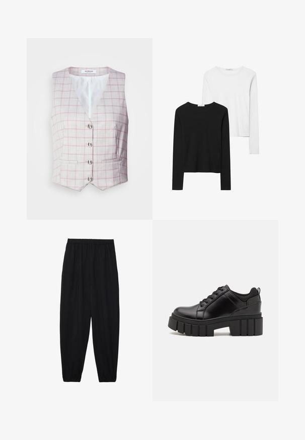 Svetlo sivi brezrokavnik s rožnatim karo vzorcem, V-izrezom, šestimi srebrnimi gumbi za zapiranje in dvema sprednjima žepoma. Narejen iz teksturirane tkanine.; Črno-beli dolg rokav t-shirti z okroglimi izrezi, mehkim blagom in prilegajočim dizajnom z ravnimi robovi.; Črne, lahke hlače z elastičnim pasom in nabranimi gležnji. Tkanina je gladka in ima sproščen, taperiran dizajn.; Črne usnjene platforme z debelim blokastim petam, okroglo konico in klasičnim vezanjem. Imajo gladko teksturo in minimalne podrobnosti.