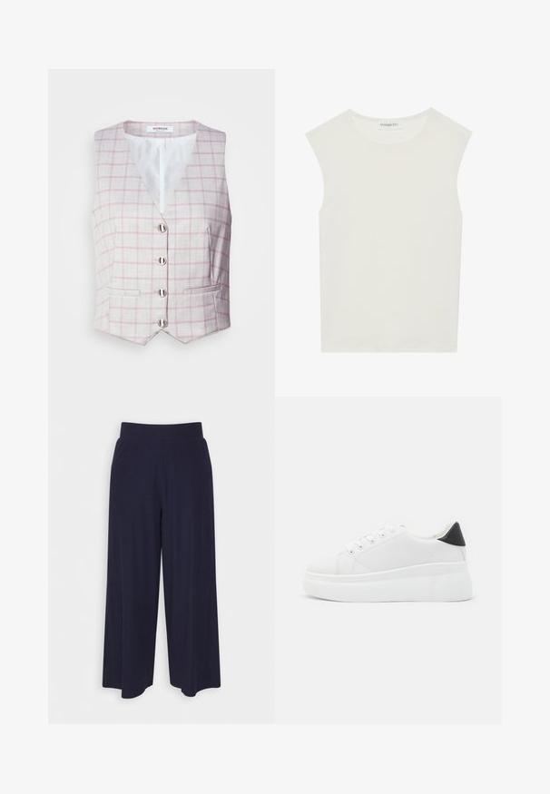 Svetlo sivi brezrokavnik s rožnatim karo vzorcem, V-izrezom, šestimi srebrnimi gumbi za zapiranje in dvema sprednjima žepoma. Narejen iz teksturirane tkanine.; Bela brezrokavnica s okroglim izrezom. Narejena iz gladkega materiala, ima sproščen kroj in minimalističen dizajn. Brez vzorcev ali okrasnih elementov.; Široke hlače iz temno modrega blaga z rebrasto teksturo. Imajo gladek pas in tekoč silhueto, ki seže do sredine tele.; Bele platform tenisice izdelane iz gladkega sintetičnega materiala, z zaobljenim prstom, sistemom vezalk in teksturiranim gumijastim podplatom. Črn dodatek na peti.