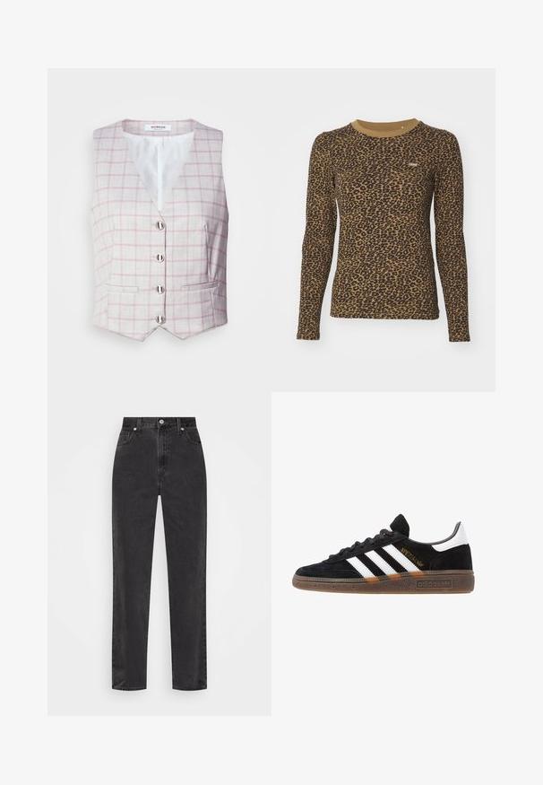 Šviesiai pilkas liemenė su rožine tinklelio raštu, V formos iškirpte, šešiais sidabriniais sagų užsegimais ir dviem priekinėmis kišenėmis. Pagaminta iš tekstūruoto audinio.; Rudas ilgomis rankovėmis marškinėliai su leopardų raštu, apvaliu iškirpimu ir nedideliu tamprumu. Maža logotipo etiketė priekyje.; Tiesios kojų juodos džinsinės kelnės su aukštu juosmeniu, priekyje esančia užtrauktuku ir mygtuku, bei penkių kišenių stiliumi ant balto fono.; Juodos Adidas sportbačiai su baltais dryžiais, auksiniu „Spezial“ užrašu, guminėmis padais ir balta kulno juostele, rodomi šoninio vaizdo.