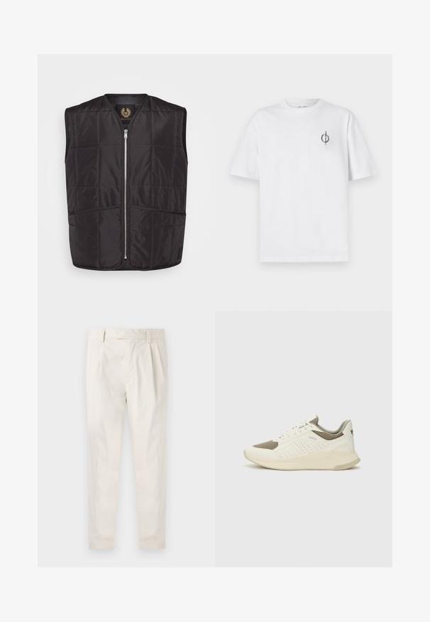 Svart vadderat väst med dragkedja fram, två ytterfickor och rund halsringning. Tillverkad av mjukt, lätt material.; Vit bomullströja med avslappnad passform, med en liten svart grafisk logotyp på vänster bröstområde. Korta ärmar, rundad hals.; Vita, plisserade byxor med skräddarsydd passform, med en mjuk yta, bälteshängare och avsmalnande ben. Inga synliga fickor eller mönster.; Vit och ljusbeige atletisk sneaker med ett meshöverdrag, perforerade detaljer och en texturerad mellansula med varumärke på hälen.