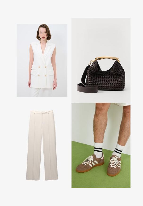 Weißes tailliertes Weste mit tiefem V-Ausschnitt, doppelreihigem Design, goldenen Knopfakzenten und seitlichen Taschen; glattes Material, ärmelloser Stil.; Kaotiko CREW PUPPIES UNISEX - Poloshirt - beige; Weite Hose aus leichtem beigen Stoff mit glatter Textur. Verfügt über einen gefütterten Taillenbund, vordere Falten und keine sichtbaren Taschen.; Braune Wildleder-Sneaker mit weißen Akzenten und Schnürsenkeln. Gummisohle in Kautschuk-Optik. Getragen mit weißen Socken, die schwarze Streifen haben. Grüner strukturierter Fußboden.; Elleme BOOMERANG WOVEN - Handtasche - brown