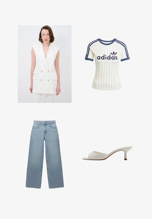 Weißes tailliertes Weste mit tiefem V-Ausschnitt, doppelreihigem Design, goldenen Knopfakzenten und seitlichen Taschen; glattes Material, ärmelloser Stil.; Adidas T-Shirt in Weiß mit gestreiften Details und marineblauen Akzenten, rundem Halsausschnitt, kurzen Raglanärmeln und auffälligem "adidas"-Logo auf der Vorderseite.; Hellblaue weit geschnittene Jeans aus Baumwoll-Denim, mit fünf Taschen, einem vorderen Knopfverschluss und minimalen Fransen am Saum.; Weiße, offene High-Heel-Mules mit glatter Oberfläche, minimalistischer Gestaltung und schlankem Absatz, ausgestattet mit einem subtilen braunen Akzent auf der Sohle.
