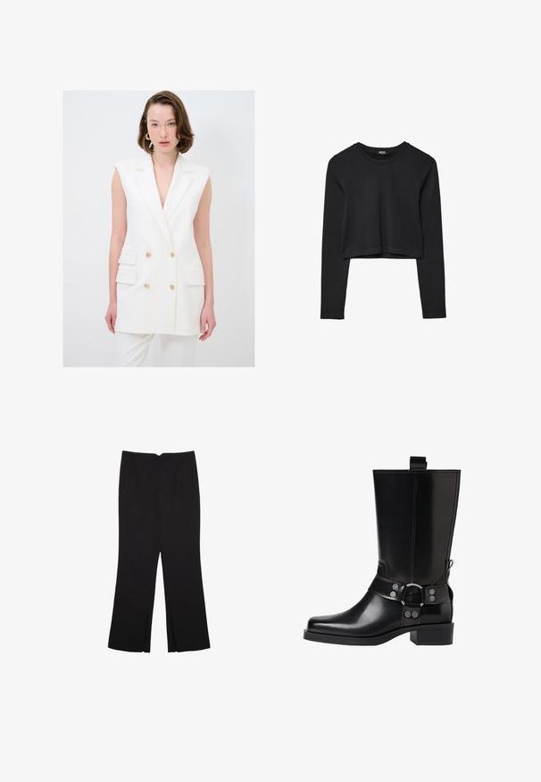Vit skräddarsydd väst med djup V-hals, dubbelknäppning, guldknappdetaljer och sidofickor; slätt tyg, ärmlös stil.; Svart långärmad croppad topp med rund halsringning, enkel design och en något rundad nederkant.; Svarta byxor med rak passform, utrustade med framfickor och sidoklyvningar vid fållen. Tillverkade av mjukt, slätt tyg. Lämpliga för olika tillfällen.; Svart läderknähöga stövlar med spetsig tå, silverfärgade spännen och klumpig klack. Har en dragflik för enkel påtagning.