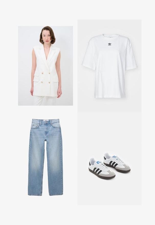 Weißes tailliertes Weste mit tiefem V-Ausschnitt, doppelreihigem Design, goldenen Knopfakzenten und seitlichen Taschen; glattes Material, ärmelloser Stil.; Weißes T-Shirt mit kurzen Ärmeln aus Baumwolle. Verfügt über einen Rundhalsausschnitt und ein kleines schwarzes Adidas-Logo auf der Brust. Gerader Saum.; Helle blaue Jeans aus Denim mit geradem Bein, Fünf-Taschen-Stil und sichtbaren Nähdetails. Der Stoff hat eine weiche, leicht ausgewaschene Textur.; Sportschuhe mit einem Obermaterial aus weißem Leder, grauer Wildleder-Zehenkappe und drei schwarzen Streifen. Sie verfügen über ein blaues Logo auf der Zunge und eine strukturierte Gummisohle.