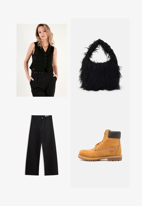 Črn uskaj modrček iz gladkega materiala, z globokim V-izrezom in petimi gumbi spredaj. Usklajeno z visokimi črnimi hlačami.; Bela pulover s kratkim zadrgo in dolgimi rokavi. Narejen iz mehkega pletenega materiala, z rebrastimi manšetami in robom. Diskretna blagovna znamka na robu.; Črne široke denim hlače z visokim pasom, ki imajo sprednje in zadnje žepe, šivane šive ter gumbasto zapiranje. Gladka tekstura.; Rjavi usnjeni gležnarji s črnim oblazinjenjem, zlatimi očesci in teksturiranim podplatom. Imajo okroglo logo na strani in šivane detajle.; Even&Odd Torba za nakupovanje - black