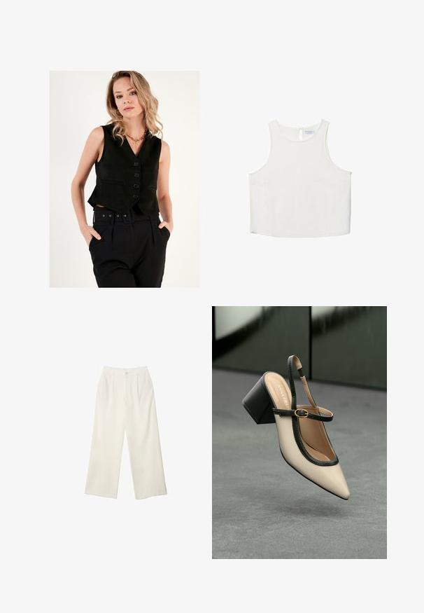 Črn uskaj modrček iz gladkega materiala, z globokim V-izrezom in petimi gumbi spredaj. Usklajeno z visokimi črnimi hlačami.; Bela brezrokavna majica z okroglim dekoltejem, ki se ponaša z diskretno teksturo, detajlom ključavnice na hrbtu in ravnim robom.; Hlače širokih nogavic iz kremaste tkanine z gladko teksturo, z enim sprednjim gumbom, diskretnimi plisami in visokim pasom.; Bež visoka petka z odprtim zadnjim delom, koničastim sprednjim delom, črnim robom in zaponko. Gladek material z mat zaključkom, srednje debela petka.