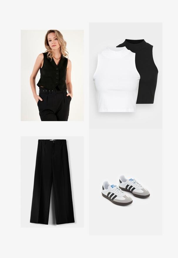 Černý zkrácený vest, vyrobený z hladkého materiálu, s hlubokým výstřihem do V a pěti knoflíky vpředu. Kombinovaný s černými kalhotami s vysokým pasem.; Dvě bezrukávové halenky s ribovým stojáčkem v černé a bílé barvě, které mají přiléhavý střih a hladkou texturu, s krácenou délkou.; Černé široké kalhoty z lehkého materiálu s předním zapínáním na knoflík a hladkým předním dílem, s pečlivě přišitými lemy.; Sportovní boty s bílým koženým svrškem, šedou semišovou špičkou a třemi černými pruhy. Obsahují modré logo na jazyku a texturovanou gumovou podrážku.