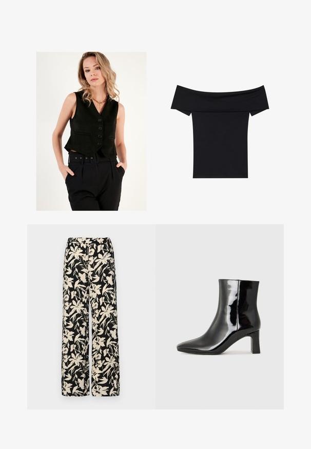 Crni skraćeni prsluk od glatkog materijala, s dubokim V-izrezom i prednjim dijelom s pet dugmadi. Uparen s crnim hlačama visokog struka.; Crna majica bez ramena izrađena od mekanog rastezljivog materijala. Ima kratke rukave i prilagođen siluetu. Jednostavan, bezšavni dizajn.; Crne široke hlače s kremastim cvjetnim uzorkom. Izrađene od lagane tkanine, sa glatkom teksturom i visokim pojasom.; Crne lakirane kožne gležnjače s šiljastim prstom i srednje visokom blok petom. Glatka tekstura i minimalistički dizajn.