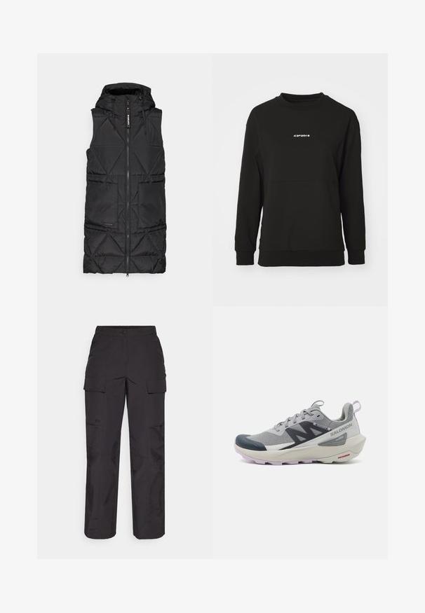 Svart boblevest med hette, med glidelås foran, diamantquiltet mønster, og to sidelommer. Mykt, lett materiale.; Svarthetsgenser laget av strukturert materiale. Har rund hals, lange ermer og et sentralt logo i hvitt, med en tilpasset sjøm.; Svart cargo-bukser laget av slitesterkt stoff, med flere sidelommer, knappelukking og en løs passform med rette ben.; Salomon løpesko i grå og marine blå har et pustende mesh-overdel, gummitådeksel og teksturert såle med lavendelaccenter.