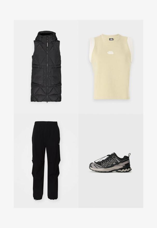 Black puffer vest with a hood, featuring a front zipper, diamond quilted pattern, and two side pockets. Soft, lightweight material.; Sleeveless top in pastel yellow cotton with a rounded neckline. Features contrasting cream shoulder panels and a textured logo on the chest.; Black outdoor pants made from durable material, featuring a relaxed fit, elastic waistband, and cinched cuffs for adjustable length.; Black and gray athletic shoe with mesh upper, rubber sole, and elastic lace system. Features a reinforced toe and textured accents.